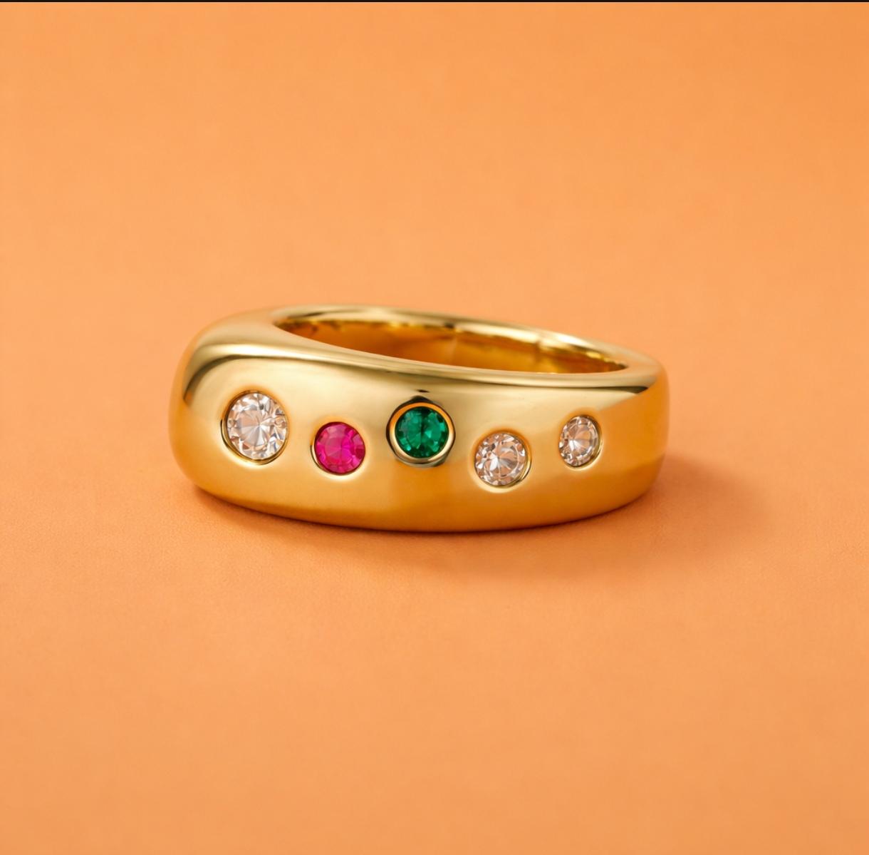 Gemstone Ring Gold Tone: Conical Design, Multiple Color Stones, Personalized Birthstones