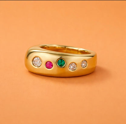 Gemstone Ring Gold Tone: Conical Design, Multiple Color Stones, Personalized Birthstones