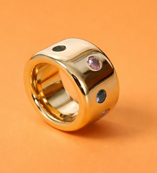 Gold Band Gemstone Ring: Minimalist Statement Jewelry, Multi-Color Stones, Gold Alternative