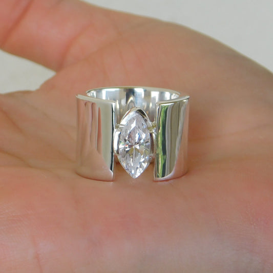 Promise Ring for Women: AG950 Silver Wide Band Ring, Marquise Cut Moissanite