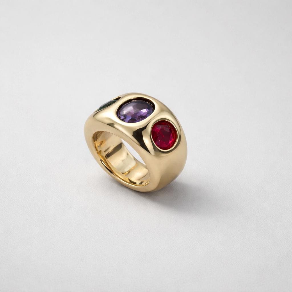 Statement Ring For Women: Gipsy Art design, Multi Color Gemstones, Dome Band Gold Plated
