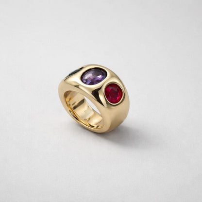 Statement Ring For Women: Gipsy Art design, Multi Color Gemstones, Dome Band Gold Plated