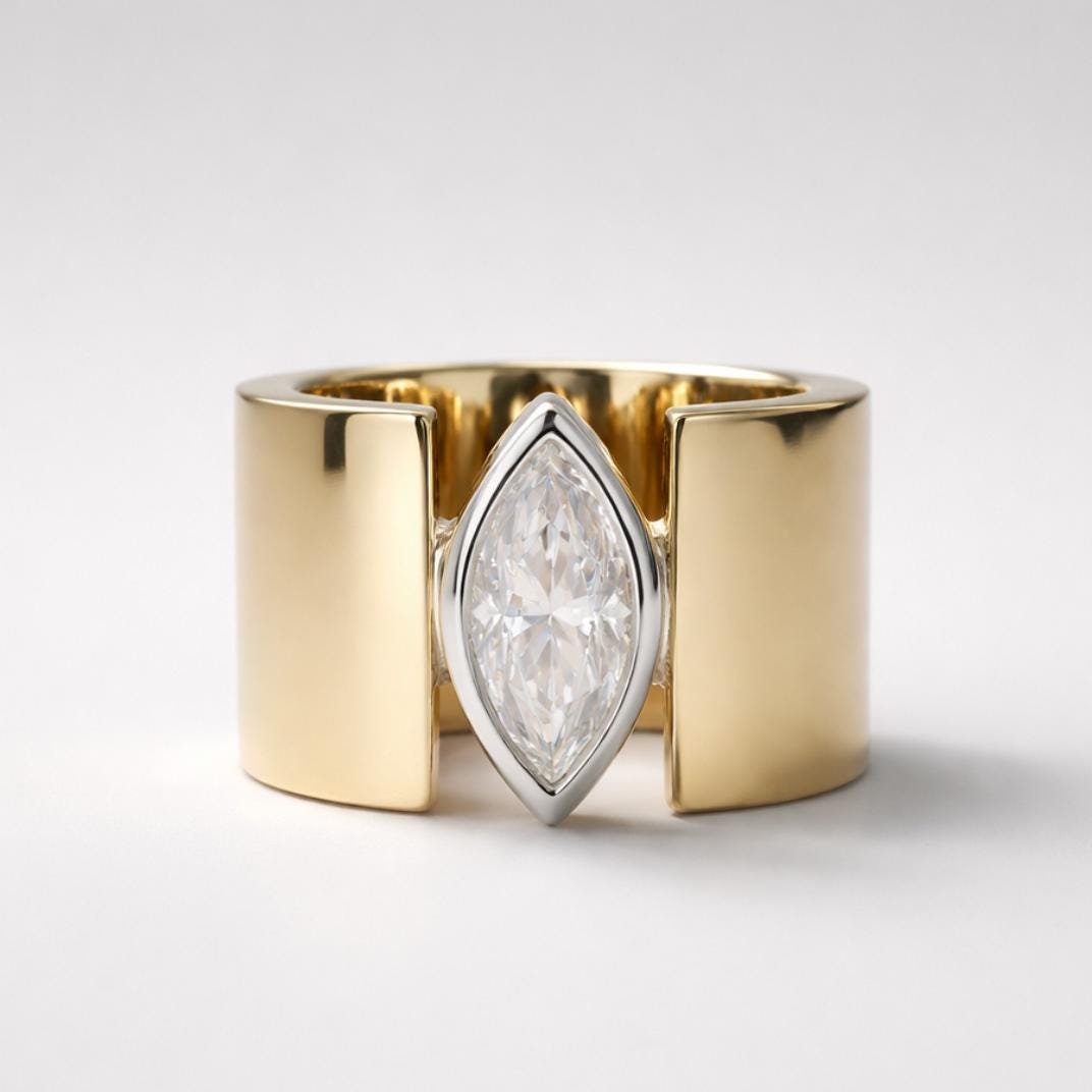 Wedding Ring for Women: Silver AG950 Wide Band Ring, Marquise Cut Moissanite