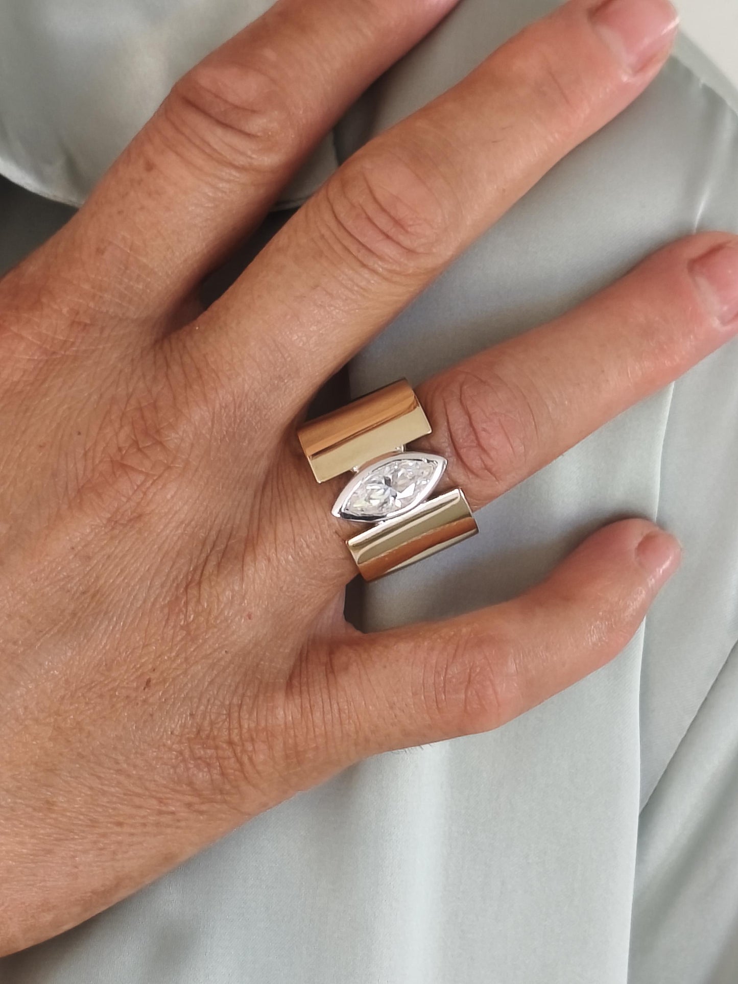 Wedding Ring for Women: Silver AG950 Wide Band Ring, Marquise Cut Moissanite