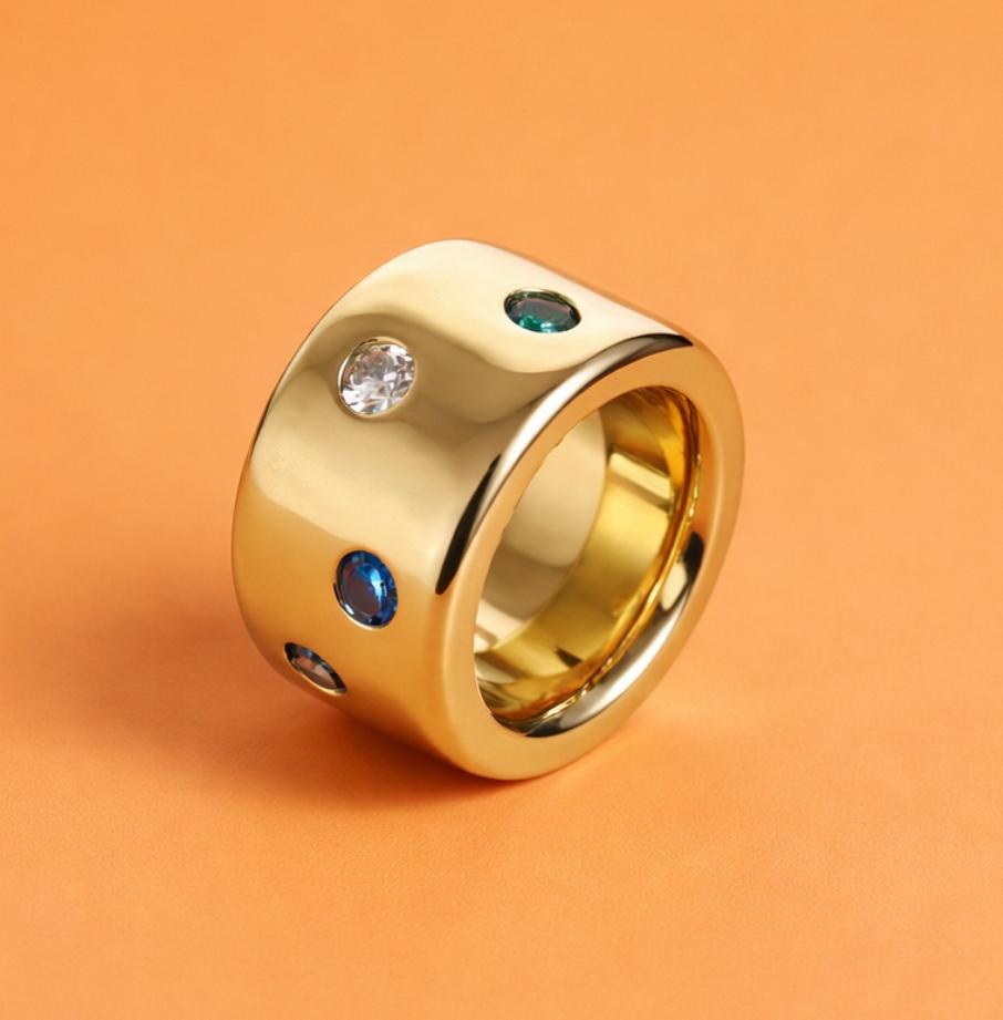 Gold Band Gemstone Ring: Minimalist Statement Jewelry, Multi-Color Stones, Gold Alternative