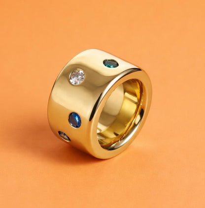 Gold Band Gemstone Ring: Minimalist Statement Jewelry, Multi-Color Stones, Gold Alternative