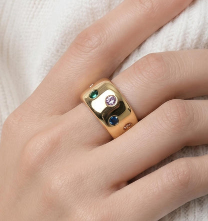 Gold Band Gemstone Ring: Minimalist Statement Jewelry, Multi-Color Stones, Gold Alternative