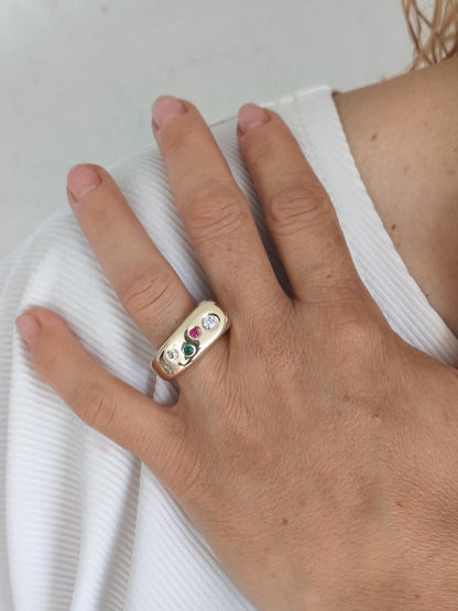 Gemstone Ring Gold Tone: Conical Design, Multiple Color Stones, Personalized Birthstones