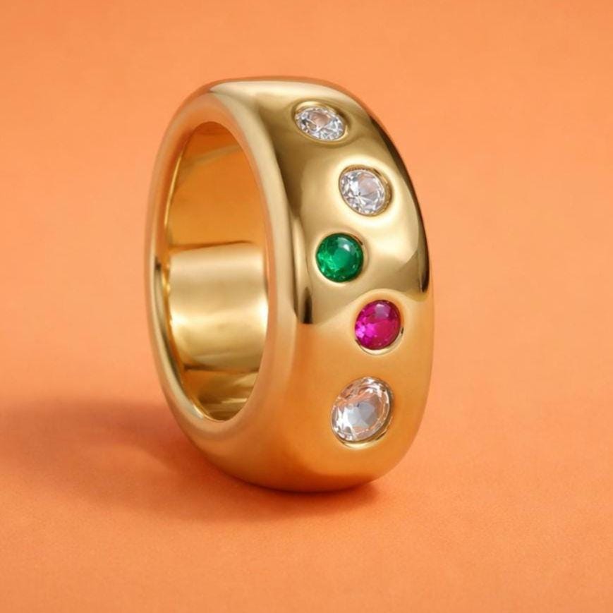 Gemstone Ring Gold Tone: Conical Design, Multiple Color Stones, Personalized Birthstones