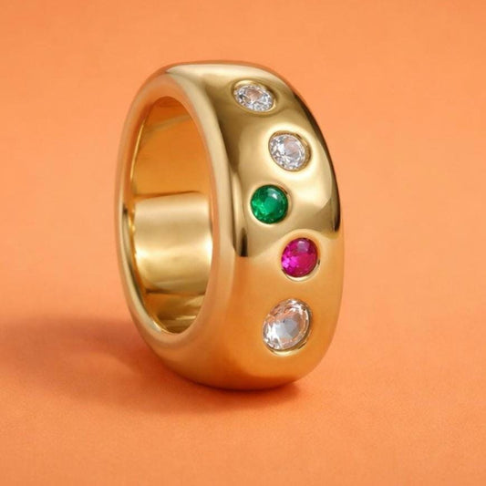 Gemstone Ring Gold Tone: Conical Design, Multiple Color Stones, Personalized Birthstones