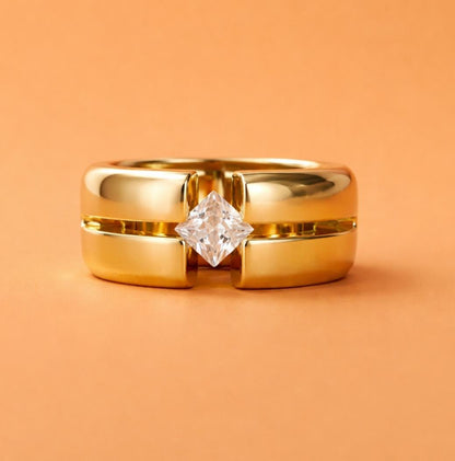 Wedding Ring Princess Cut Gemstone: Wide Band Gold Plated, Unisex Statement Ring