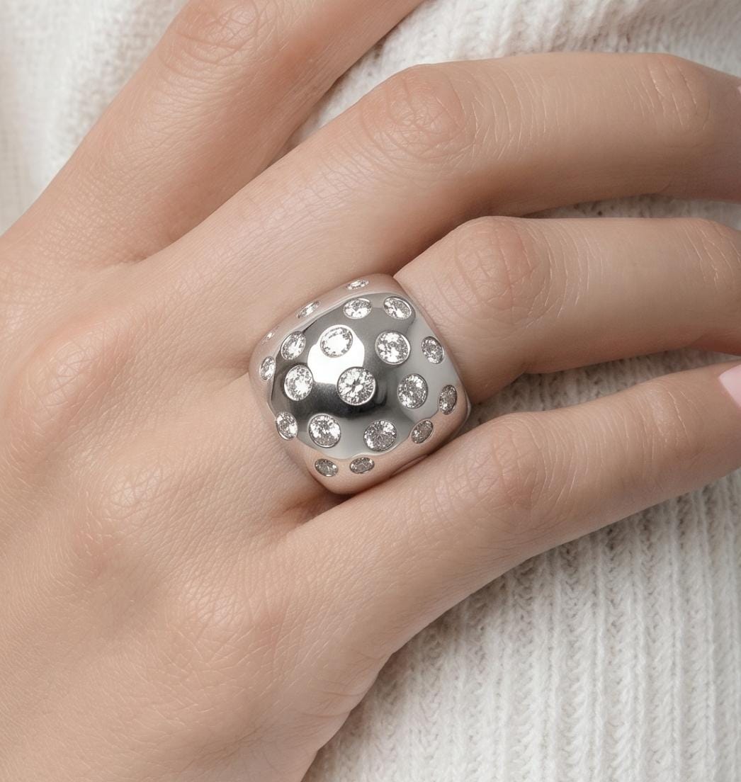 Wide Silver Statement Ring, Multiple Gemstone Band, Silver or Gold Plated