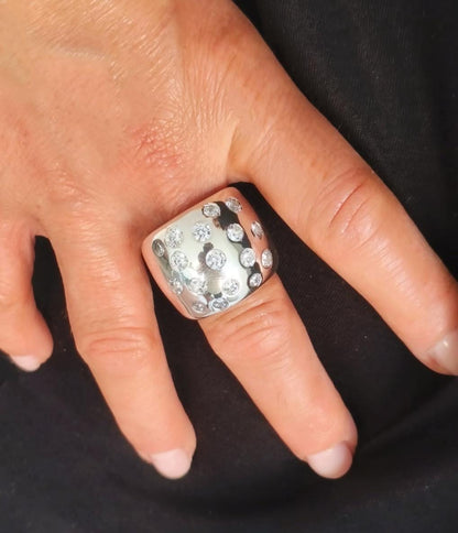 Wide Silver Statement Ring, Multiple Gemstone Band, Silver or Gold Plated