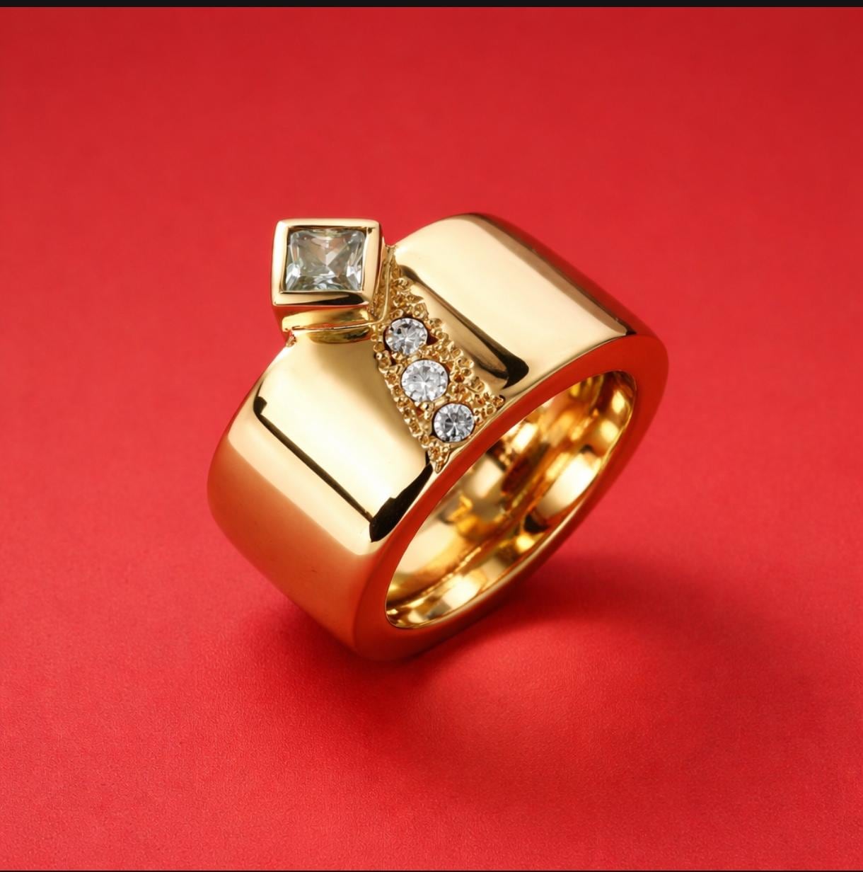 Thick Band Engagement Ring: Modern Jewelry, Square Gemstone, Gold Plated Wide Ring