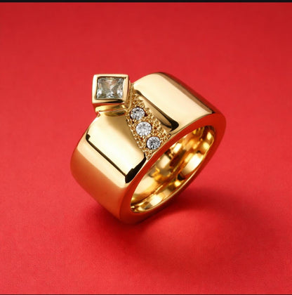 Thick Band Engagement Ring: Modern Jewelry, Square Gemstone, Gold Plated Wide Ring