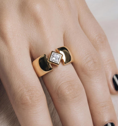 Engagement Ring Gold Plated: Thick Band Wedding Ring, Princess Cut Moissanite
