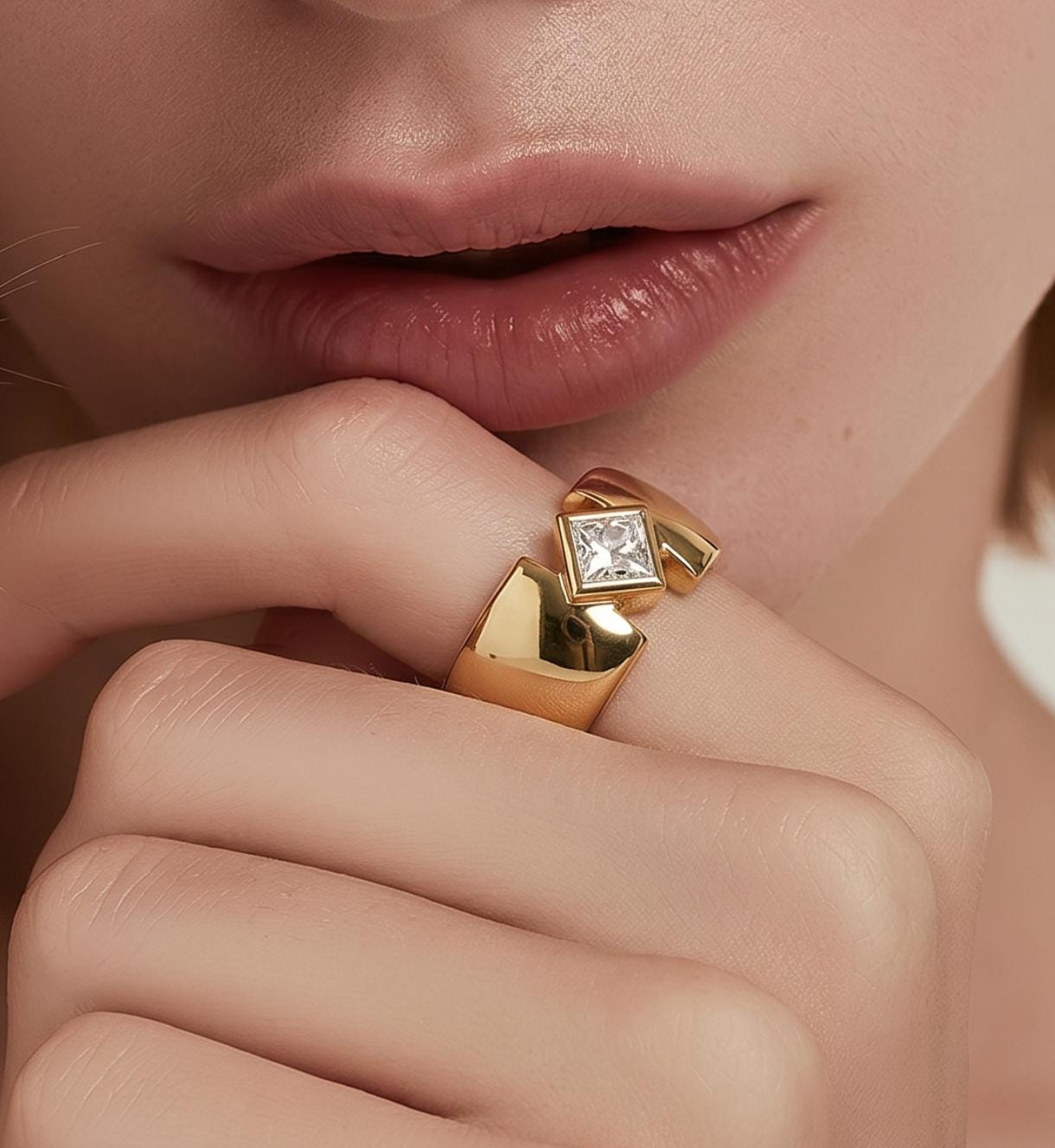 Engagement Ring Gold Plated: Thick Band Wedding Ring, Princess Cut Moissanite