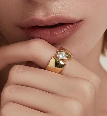 Engagement Ring Gold Plated: Thick Band Wedding Ring, Princess Cut Moissanite