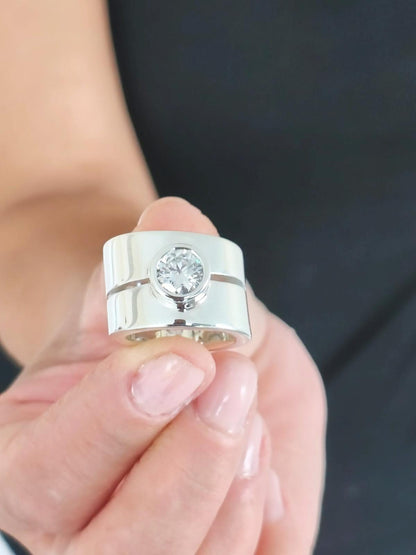 Wide Band Silver Ring: Thick Wedding Ring, 2 Ct Moissanite