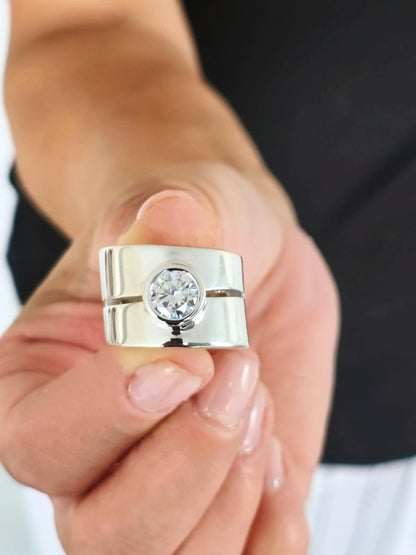 Wide Band Silver Ring: Thick Wedding Ring, 2 Ct Moissanite