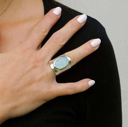 Greek Art Statement Ring: Big Gemstone Ring, Blue Stone Chalcedony