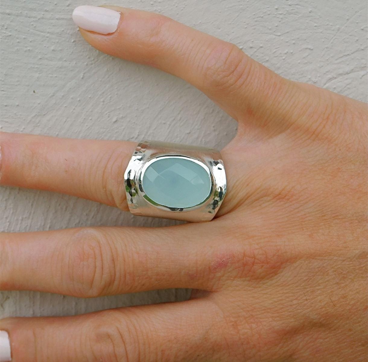 Greek Art Statement Ring: Big Gemstone Ring, Blue Stone Chalcedony