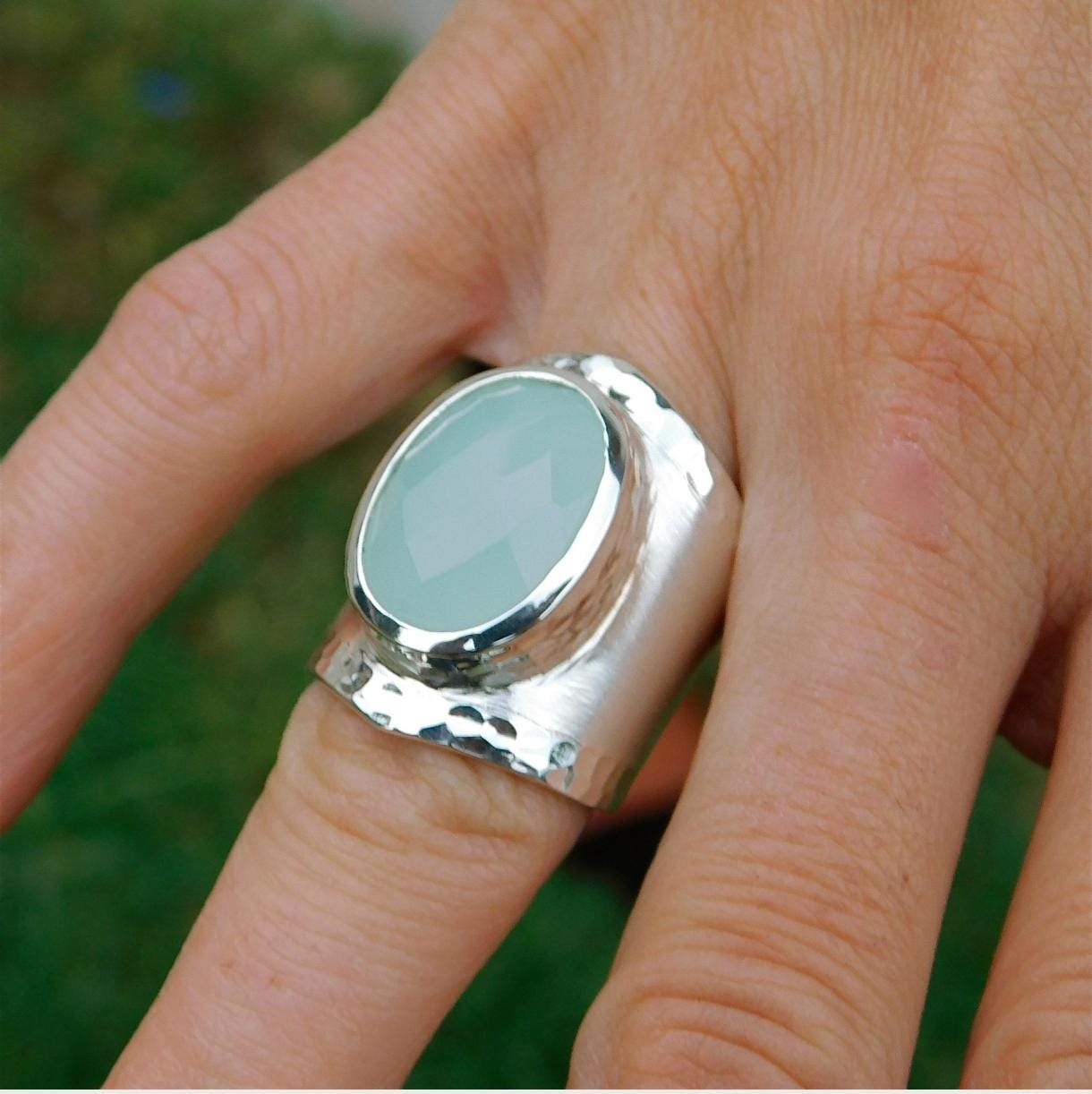 Greek Art Statement Ring: Big Gemstone Ring, Blue Stone Chalcedony