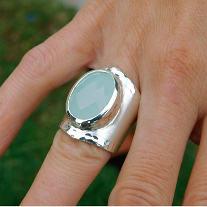 Greek Art Statement Ring: Big Gemstone Ring, Blue Stone Chalcedony