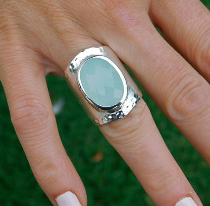 Greek Art Statement Ring: Big Gemstone Ring, Blue Stone Chalcedony
