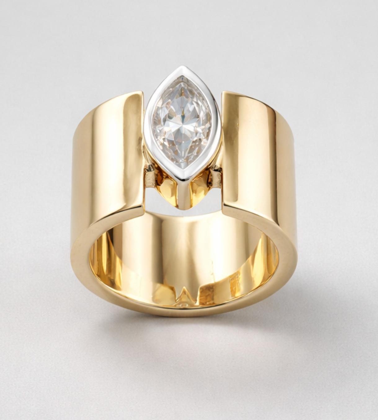 Wedding Ring for Women: Silver AG950 Wide Band Ring, Marquise Cut Moissanite