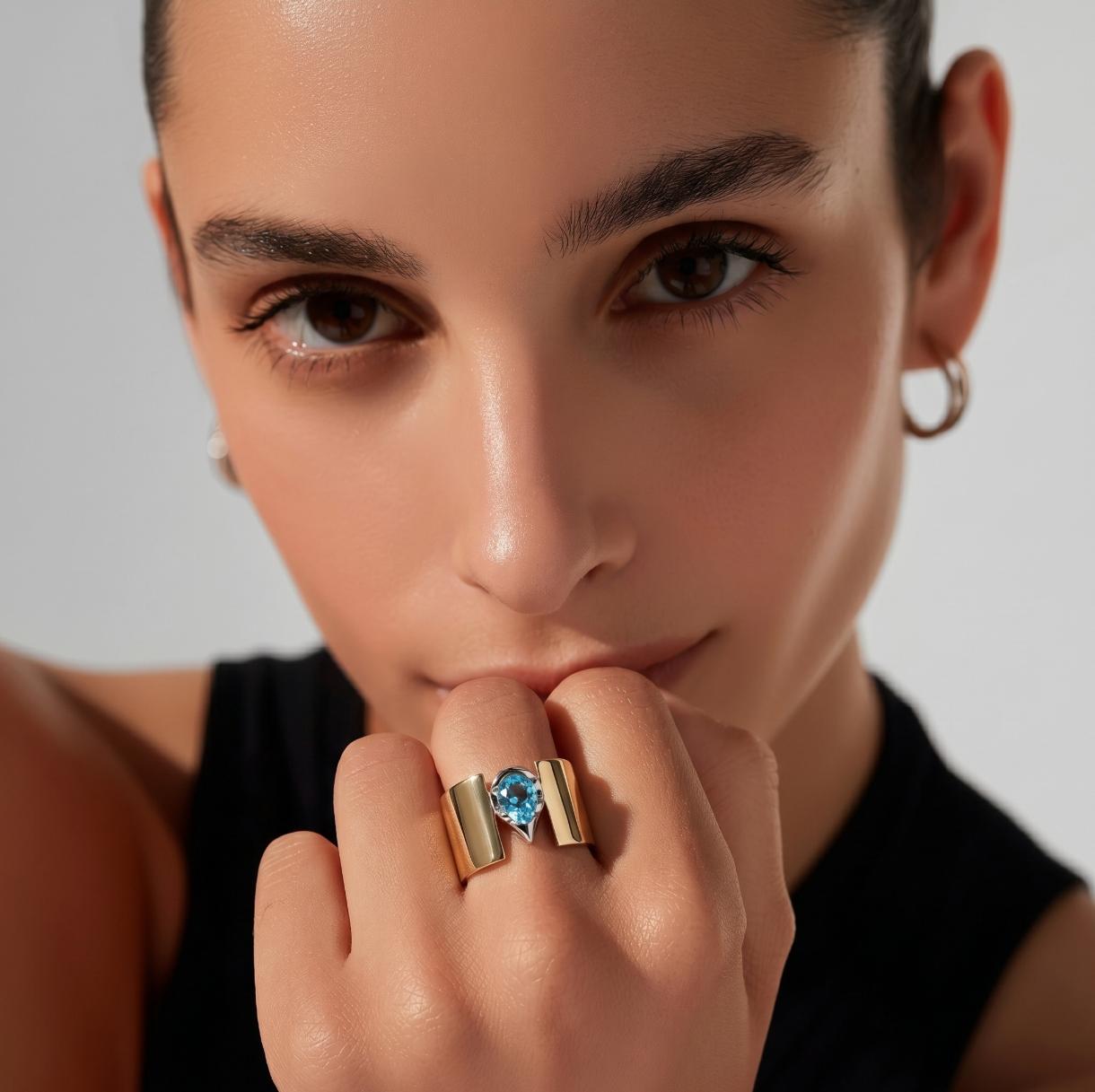 Wide Band Engagement Ring: Blue Topaz Pear Shape, Bi-Metal Gold Tone And Silver