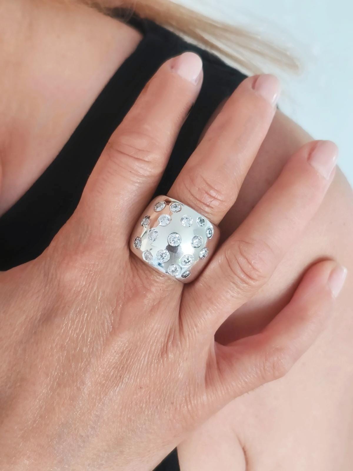 Wide Silver Statement Ring, Multiple Gemstone Band, Silver or Gold Plated