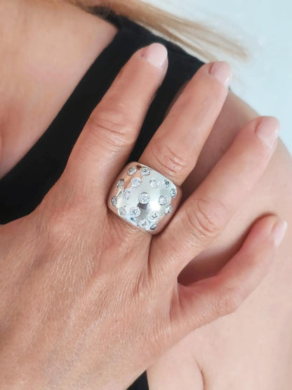Wide Silver Statement Ring, Multiple Gemstone Band, Silver or Gold Plated