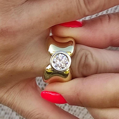 Thick Band Engagement Ring: Gold Tone And Silver, Big Moissanite 2Ct