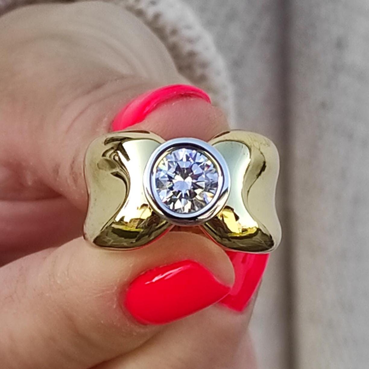 Thick Band Engagement Ring: Gold Tone And Silver, Big Moissanite 2Ct