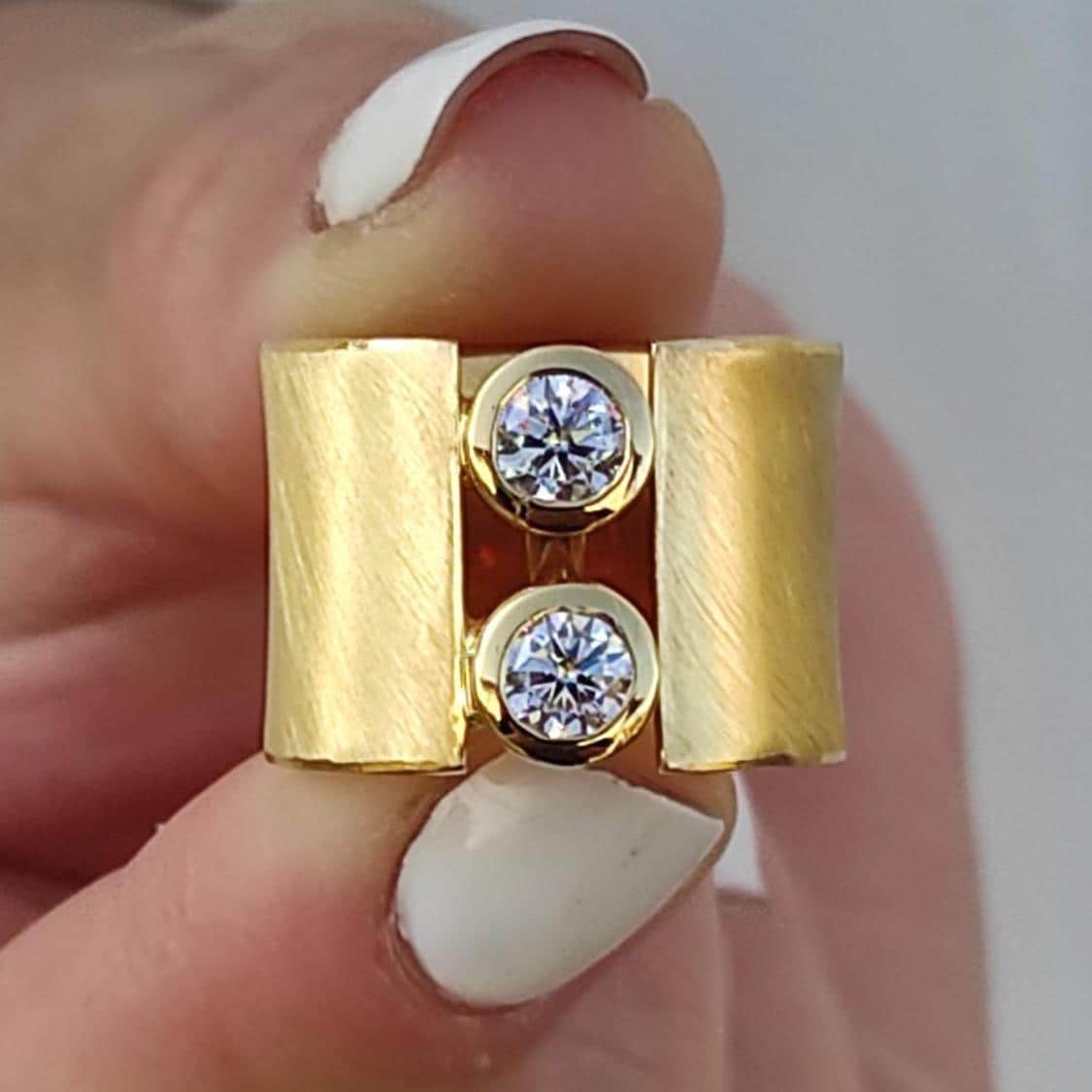 Wide Band Ring: Gold Plated Two Moissanites, Statement Ring