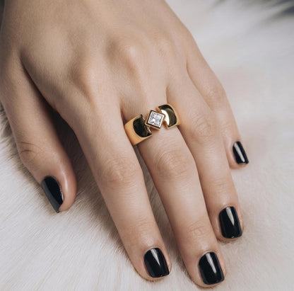 Engagement Ring Gold Plated: Thick Band Wedding Ring, Princess Cut Moissanite