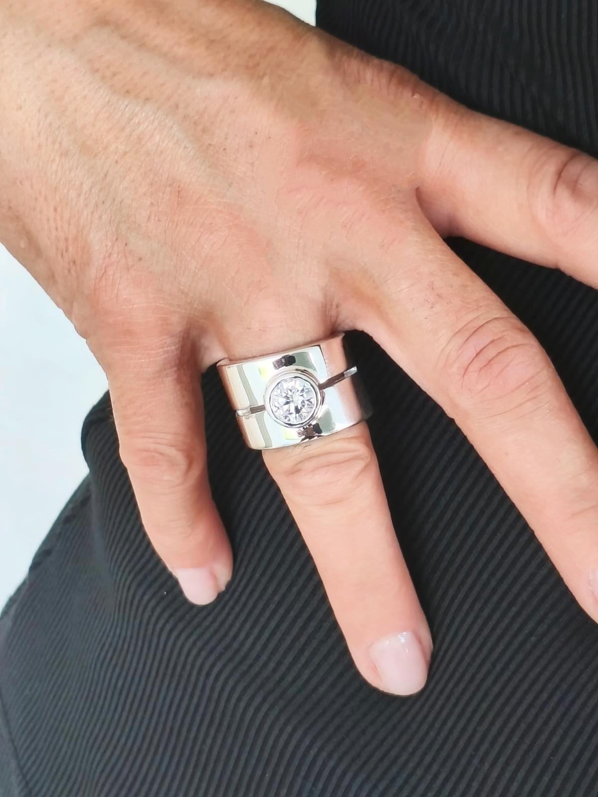 Wide Band Silver Ring: Thick Wedding Ring, 2 Ct Moissanite