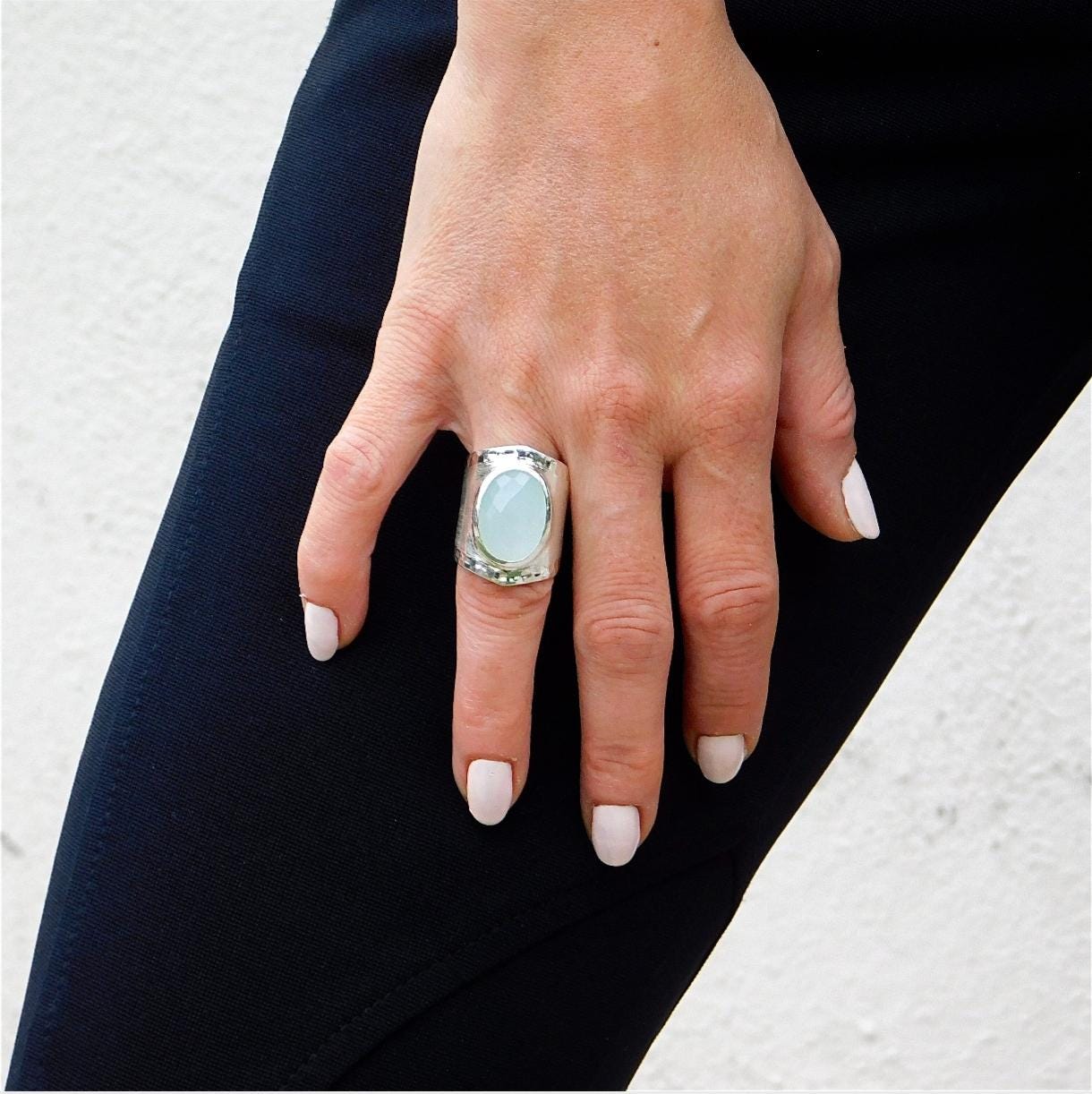 Greek Art Statement Ring: Big Gemstone Ring, Blue Stone Chalcedony