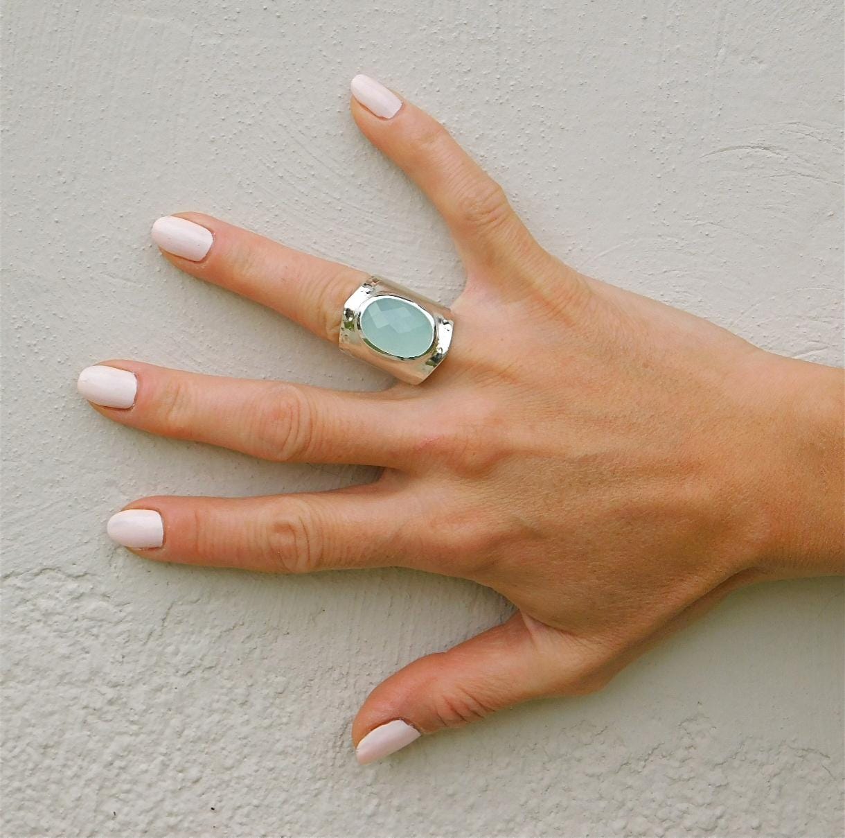 Greek Art Statement Ring: Big Gemstone Ring, Blue Stone Chalcedony