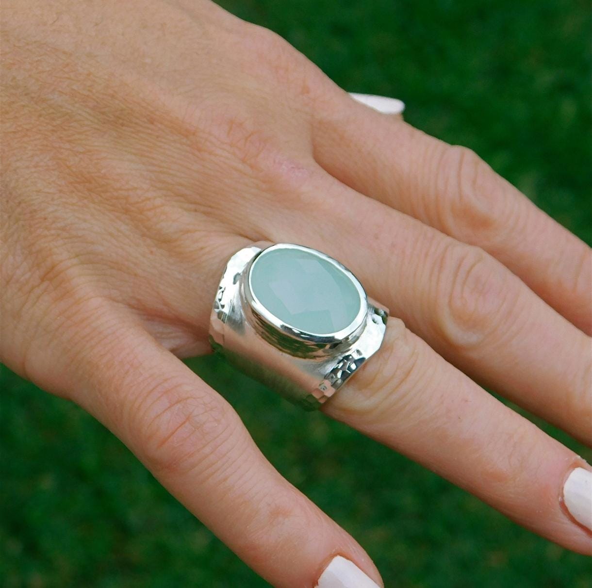 Greek Art Statement Ring: Big Gemstone Ring, Blue Stone Chalcedony