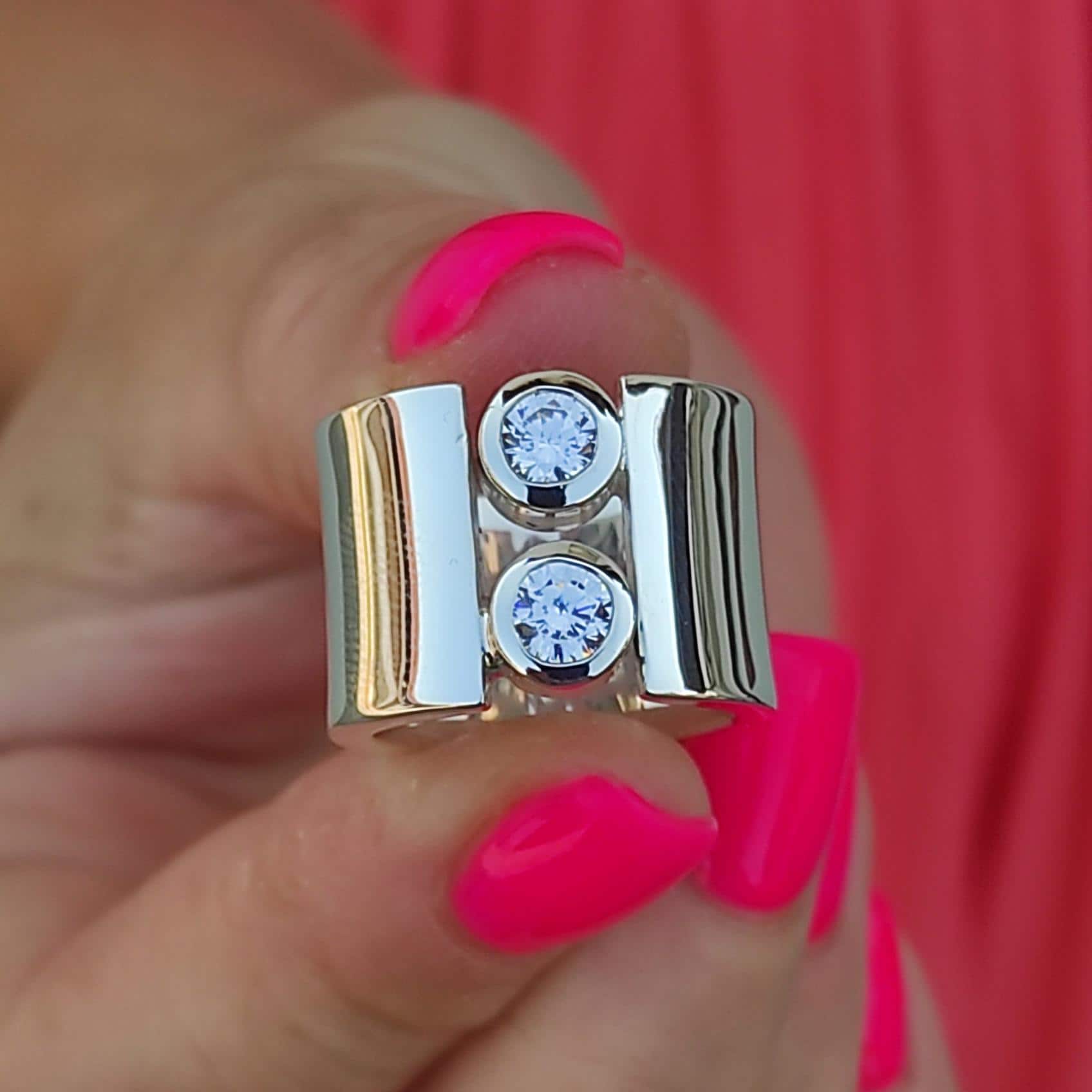 Wide Silver Moissanite Ring: Statement Wedding Band