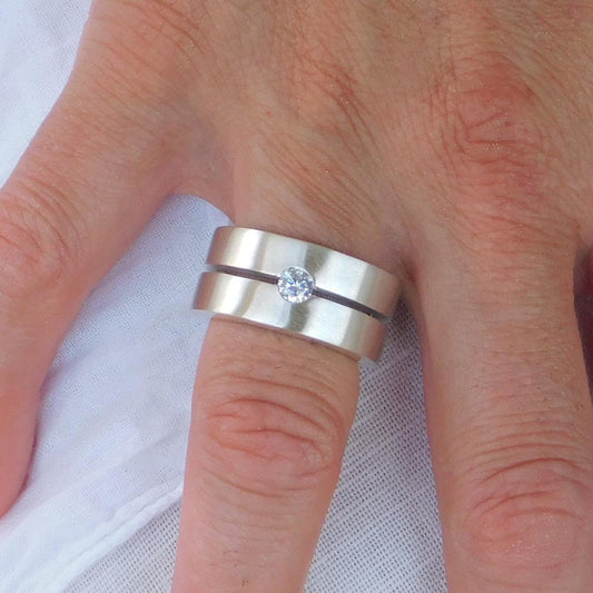 Silver Wedding Band Ring: Double Band, Flush Setting Moissanite