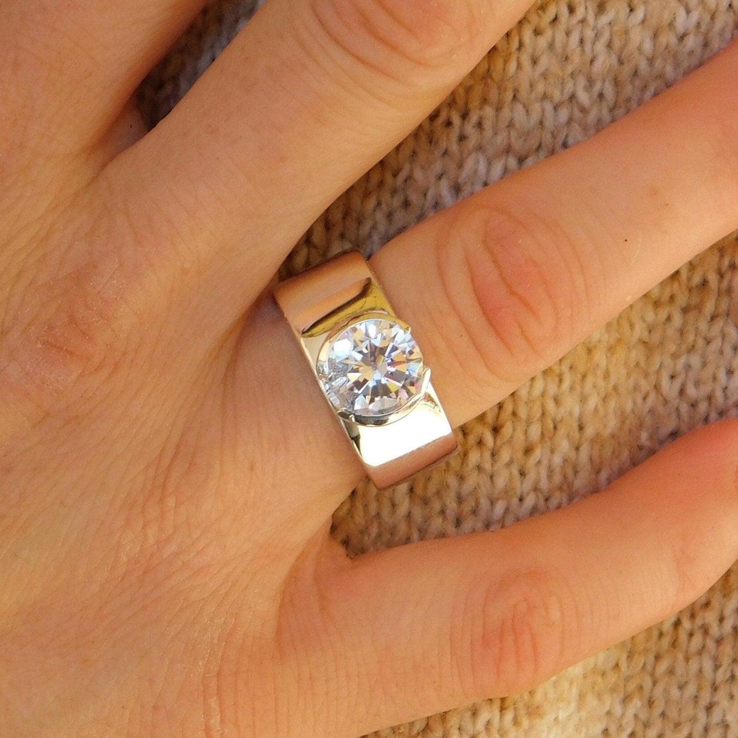 Big Gemstone Proposal Ring : 3Ct Moissanite Solitaire, AG950 Silver, Half Bezel Setting