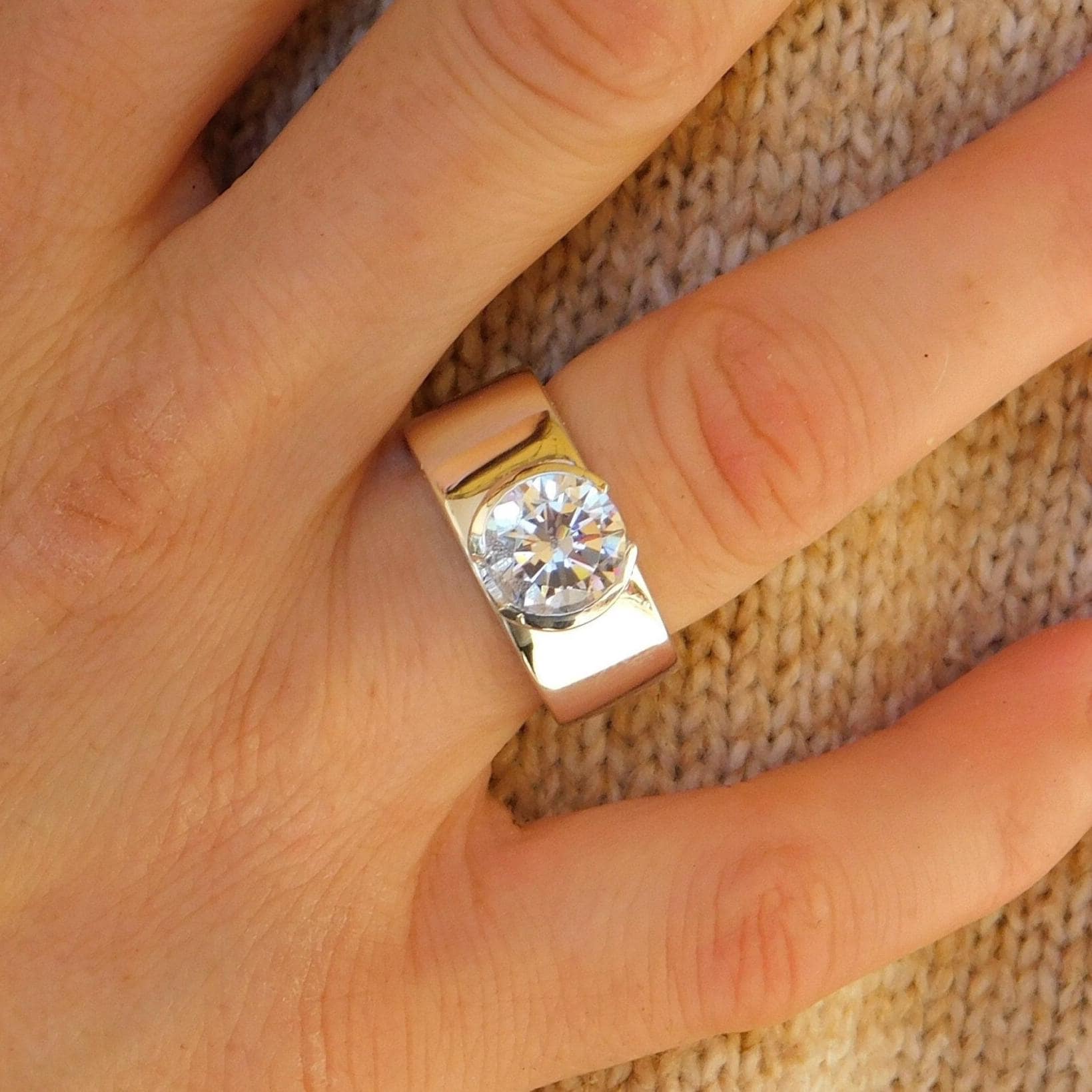 Big Gemstone Proposal Ring : 3Ct Moissanite Solitaire, AG950 Silver, Half Bezel Setting