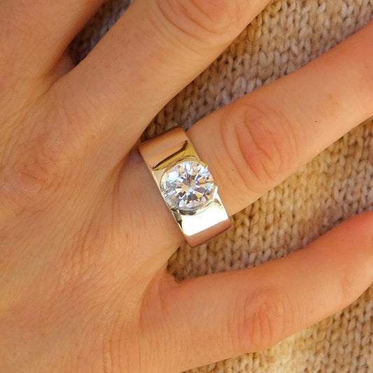 Big Gemstone Proposal Ring : 3Ct Moissanite Solitaire, AG950 Silver, Half Bezel Setting