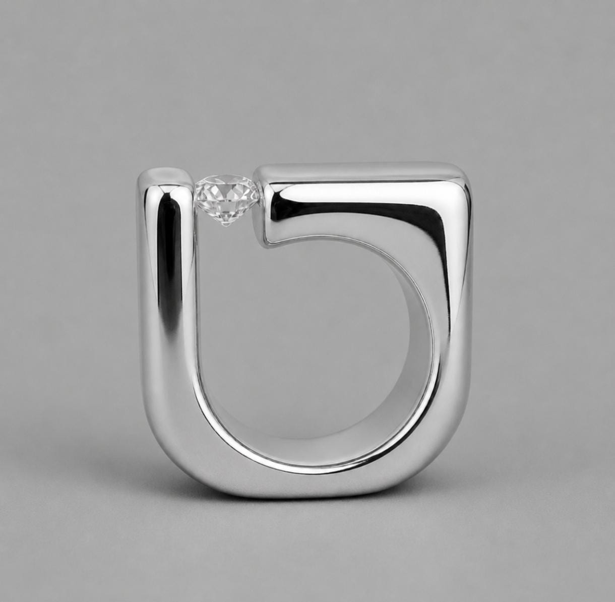 Diamond Engagement Ring: MoissaniteTension Set, Square Band, Silver Ag950