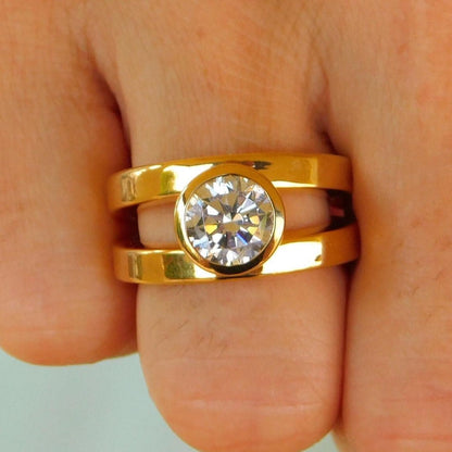 Big Moissanite Engagement Ring: Double Shank Bezel Setting, Gold Plated Silver AG 950