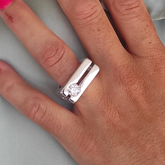 Moissanite Engagement Ring: Split Band Statement Ring, Gold Alternative, Fine Art Jewelry