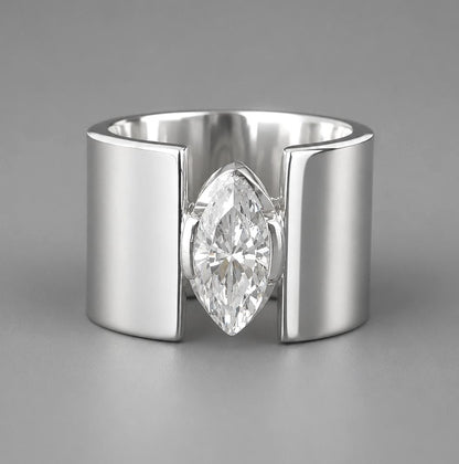 Wide Band Ring for Women: Marquise Cut Moissanite AG950 Silver